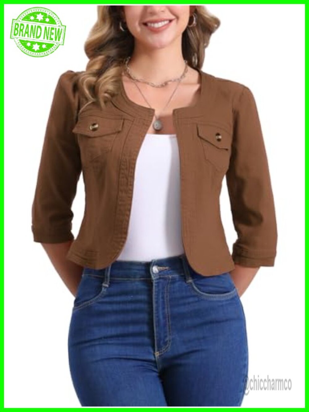 Denim Cardigan 3/4 Sleeve Collarless Open Front Cotton Blend